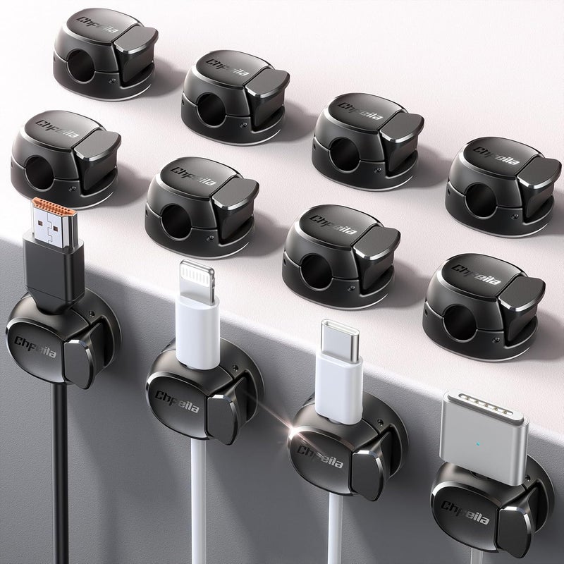 Chfeila 12Pack Cord Organizer [Dual Spring & Clasp, Max Secure] Cable Clips - Cord Holder, Desk Cable Management, Adhesive Phone Charging Wire Holder for Nightstand/Car/Wall, Office Accessory - Black - Image 1